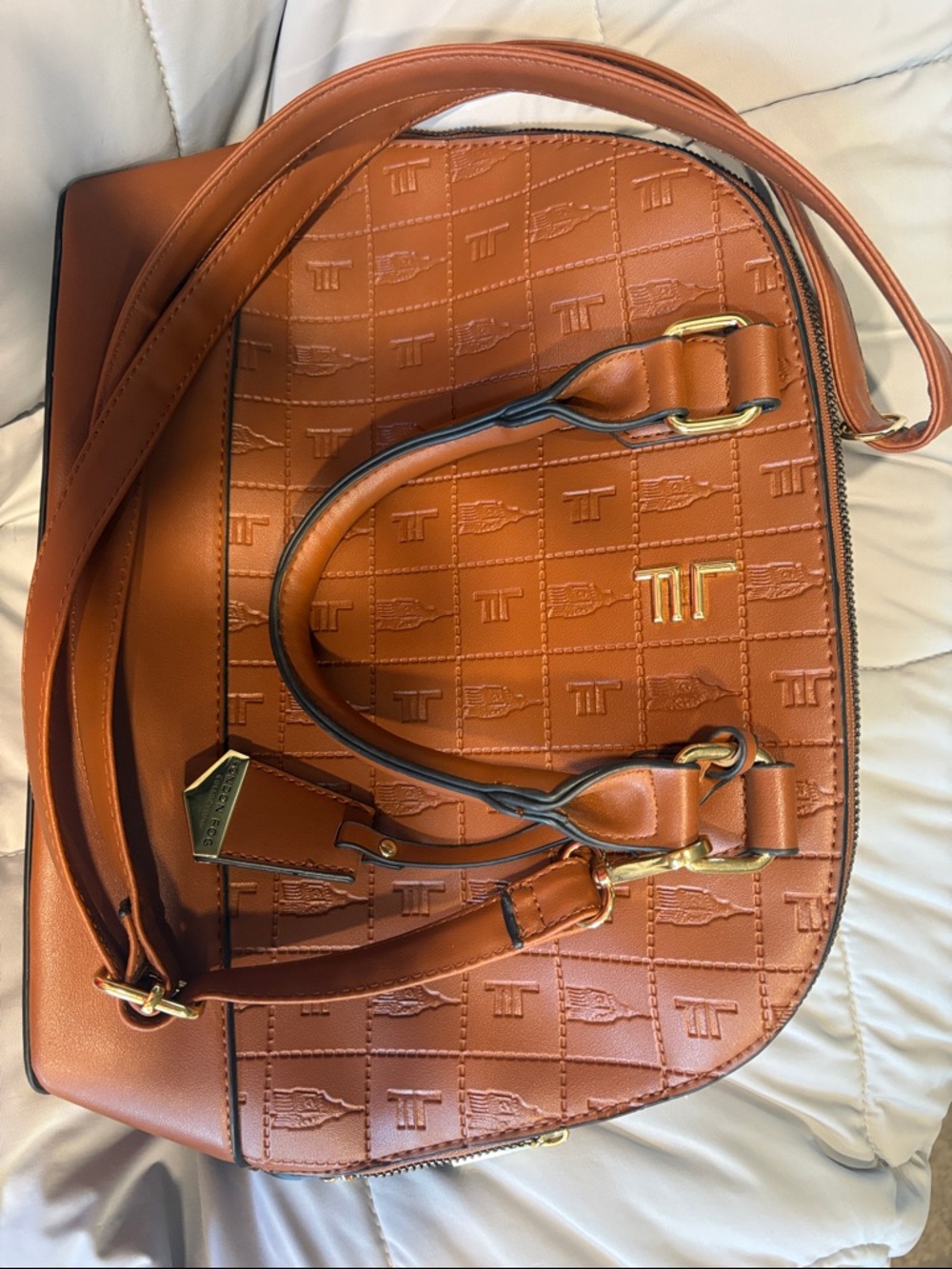 London Fog Cognac Embossed Leather Satchel with Gold Hardware